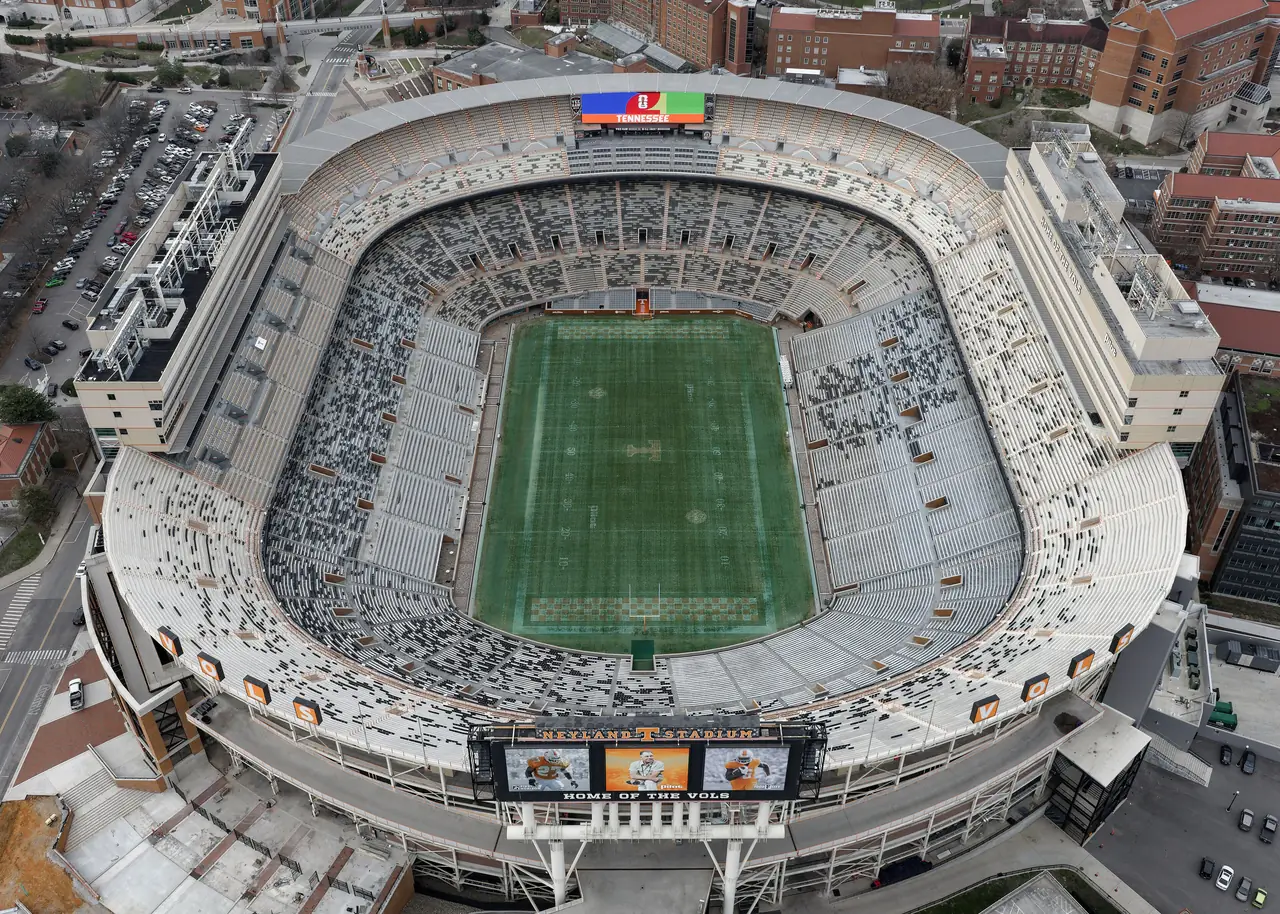 Aerial view of Neyland Stadium, the University of Tennessee's football stadium in Knoxville, with its double-deck stands wrapped around the field